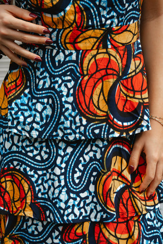 Folakemi Layered Ruffle Midi Dress - Blue Yellow & Orange Ọdọ Ayo Print