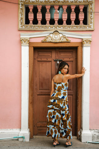 Folakemi Layered Ruffle Midi Dress - White & Blue Snail Print