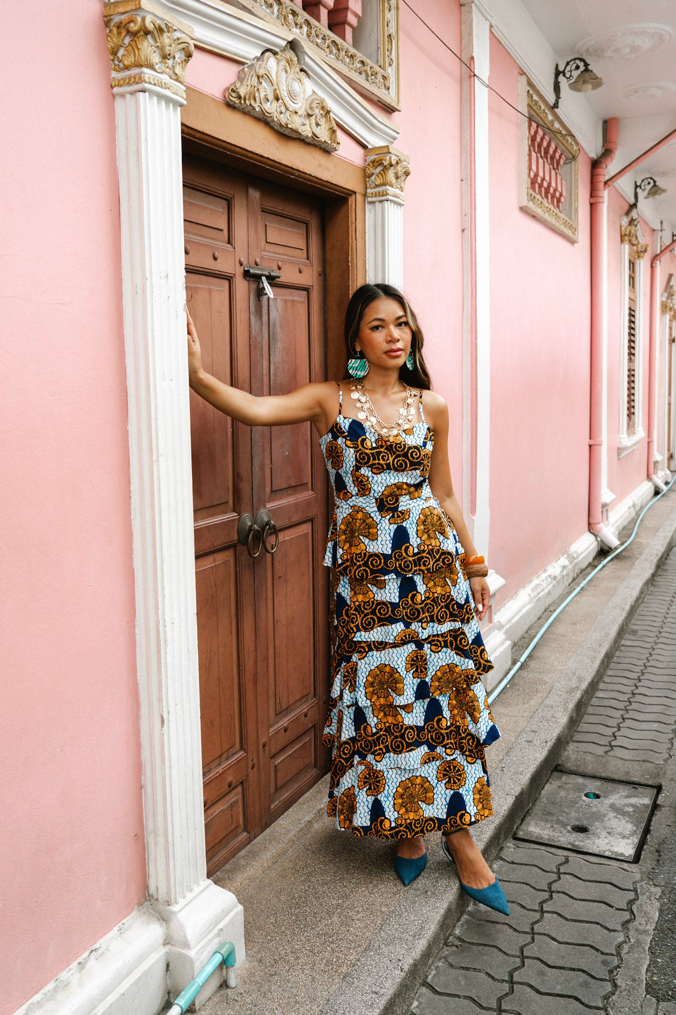 Folakemi Layered Ruffle Midi Dress - White & Blue Snail Print