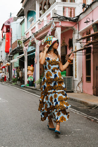 Folakemi Layered Ruffle Midi Dress - White & Blue Snail Print