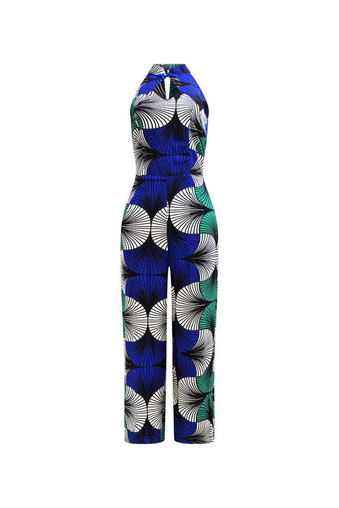 Freeda Cheongsam Jumpsuit - White Blue & Green Ewa Naibu Print