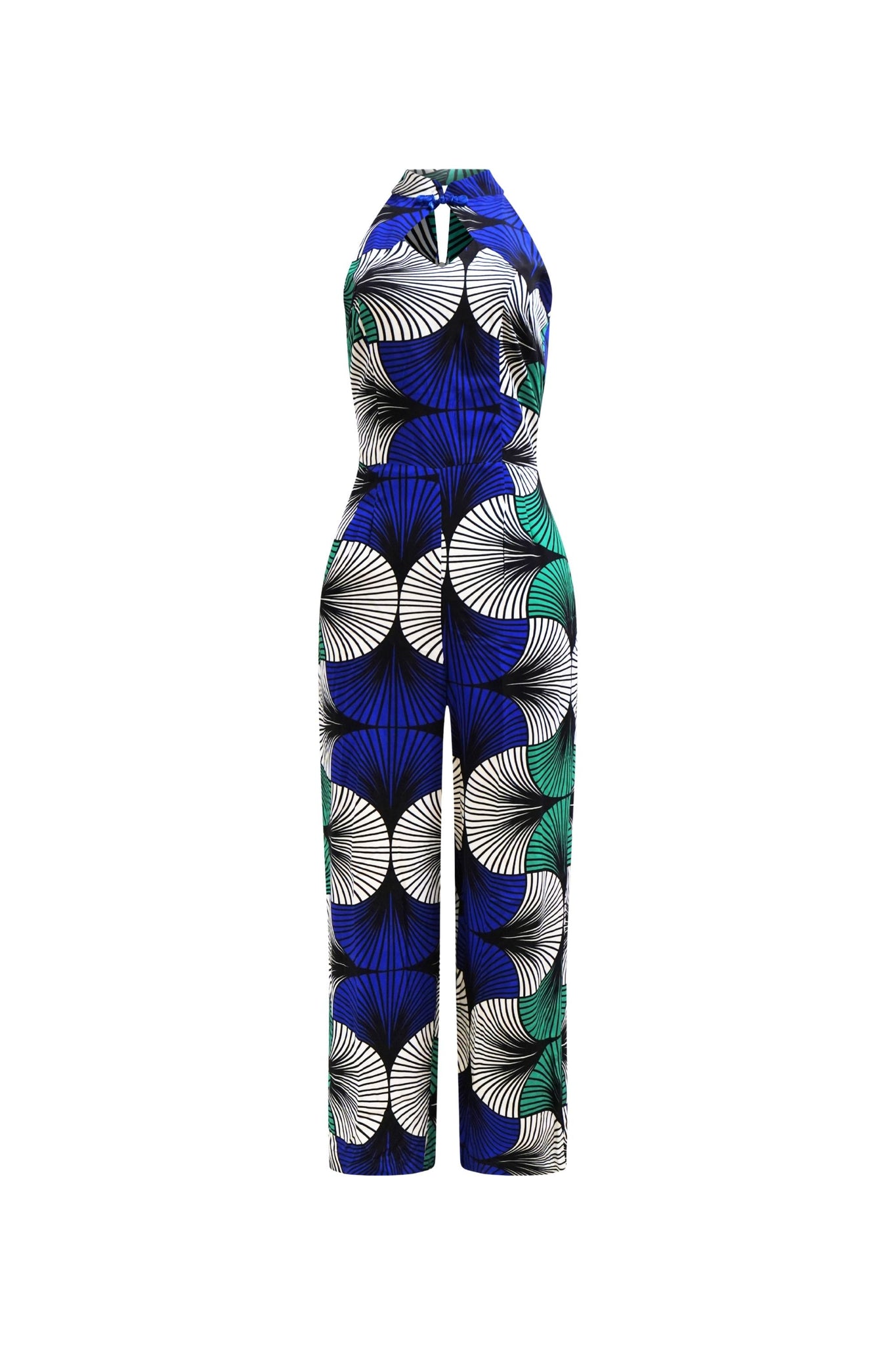 Freeda Cheongsam Jumpsuit - White Blue & Green Ewa Naibu Print
