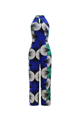 Freeda Cheongsam Jumpsuit - White Blue & Green Ewa Naibu Print
