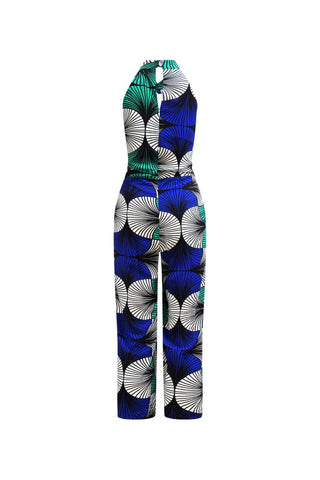 Freeda Cheongsam Jumpsuit - White Blue & Green Ewa Naibu Print