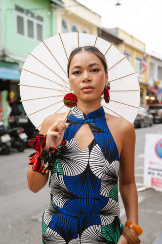 Freeda Cheongsam Jumpsuit - White Blue & Green Ewa Naibu Print