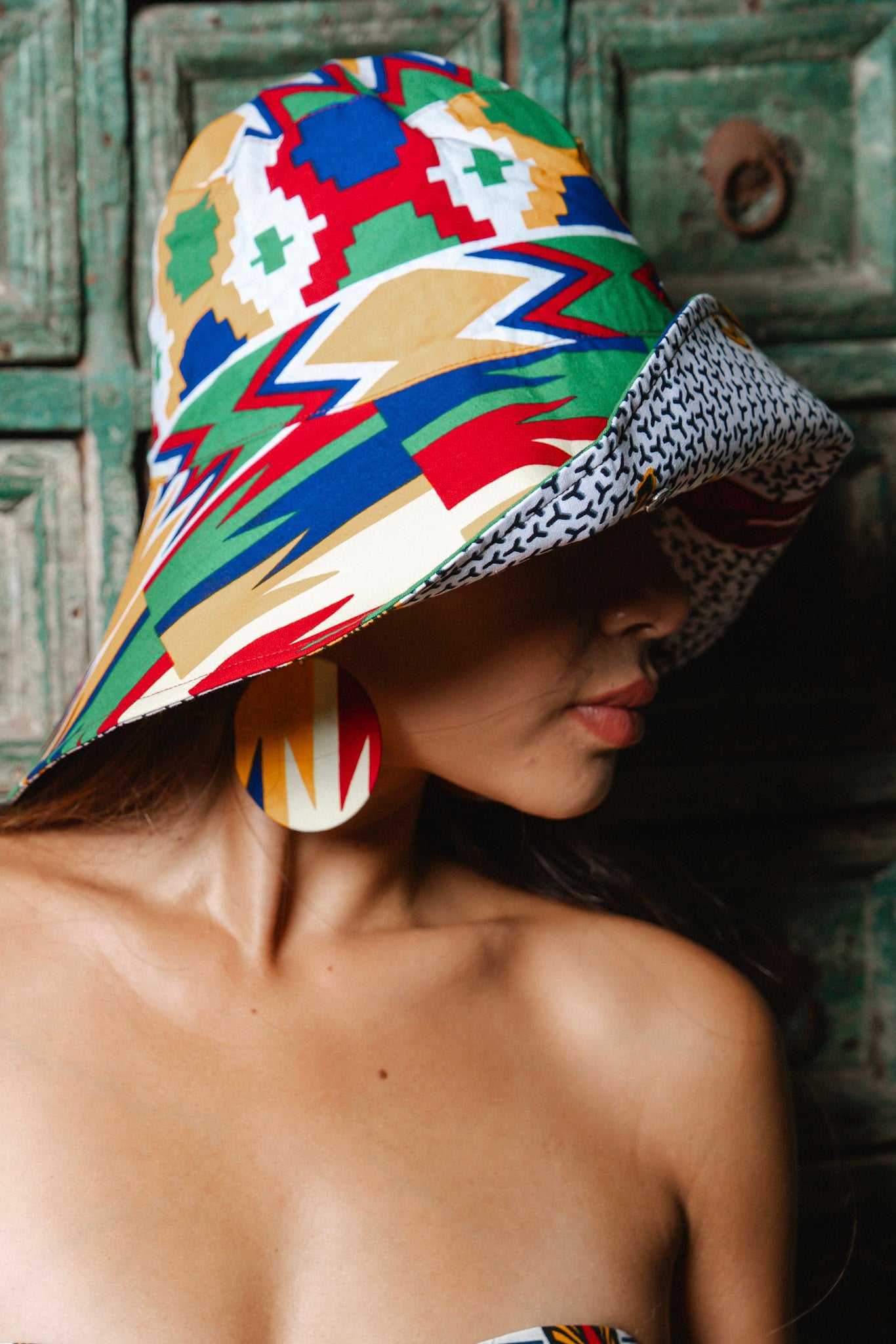 Hagos Reversi Bucket Hat Wide Brim - White Red Yellow Blue Kente Print - 42