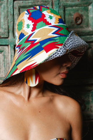 Hagos Reversi Bucket Hat Wide Brim - White Red Yellow Blue Kente Print - 42