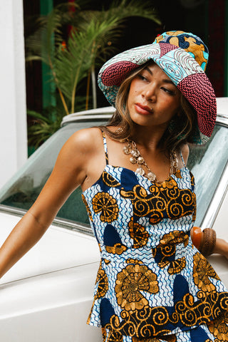 Hagos Reversi Bucket Hat Wide Brim - Azure Pink Yellow Blue Cyan Print - 45