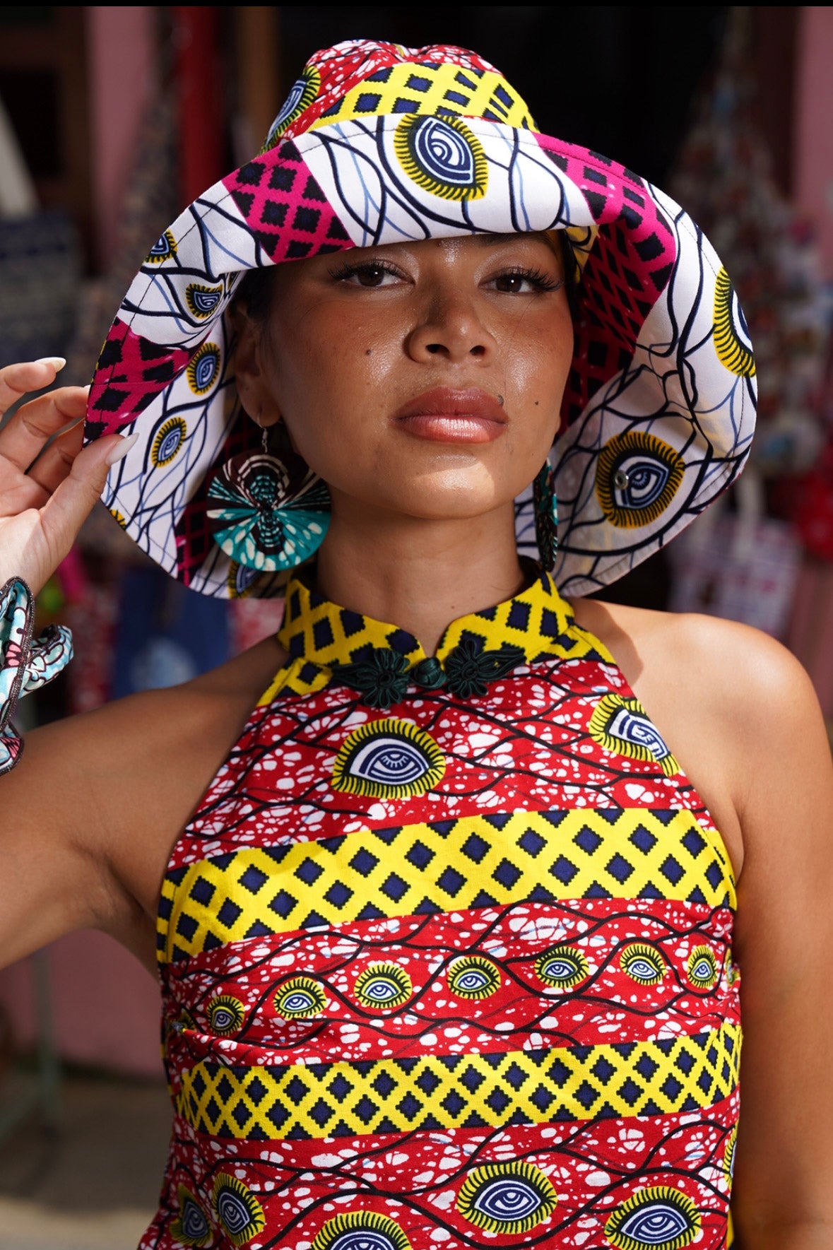 Hagos Reversi Bucket Hat Wide Brim - Blue Pink White Yellow Red Print - 51