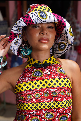 Hagos Reversi Bucket Hat Wide Brim - Blue Pink White Yellow Red Print - 51