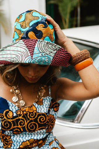 Hagos Reversi Bucket Hat Wide Brim - Azure Pink Yellow Blue Cyan Print - 45