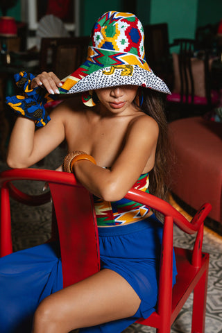 Hagos Reversi Bucket Hat Wide Brim - White Red Yellow Blue Kente Print - 42