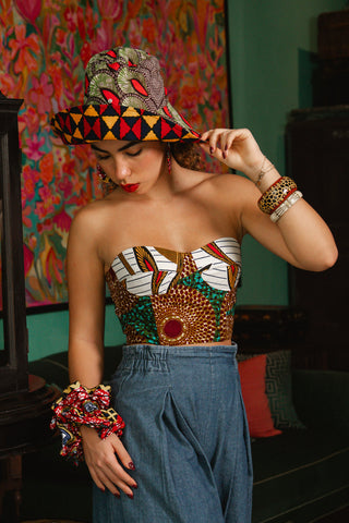 Hagos Reversi Bucket Hat Wide Brim - Green Red Yellow Blue Print - 44