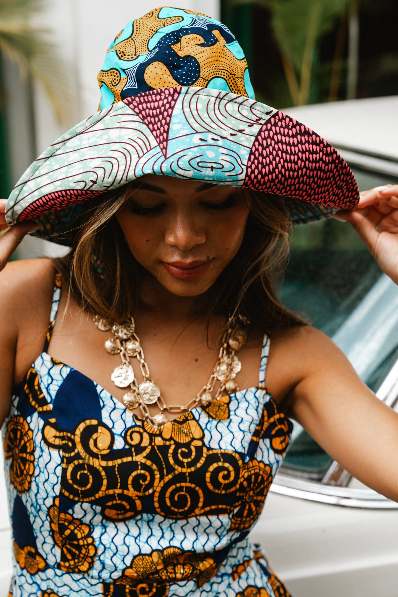 Hagos Reversi Bucket Hat Wide Brim - Azure Pink Yellow Blue Cyan Print - 45