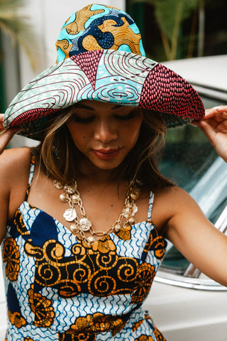 Hagos Reversi Bucket Hat Wide Brim - Azure Pink Yellow Blue Cyan Print - 45