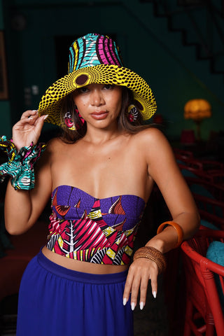 Hagos Reversi Bucket Hat Wide Brim - White Pink Yellow Cyan Print - 43