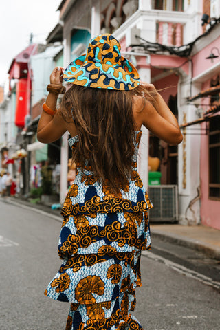 Hagos Reversi Bucket Hat Wide Brim - Azure Pink Yellow Blue Cyan Print - 45