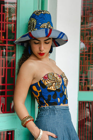 Hagos Reversi Bucket Hat Wide Brim - Black White Yellow Blue Red Print - 49