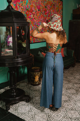 Hagos Reversi Bucket Hat Wide Brim - Green Red Yellow Blue Print - 44