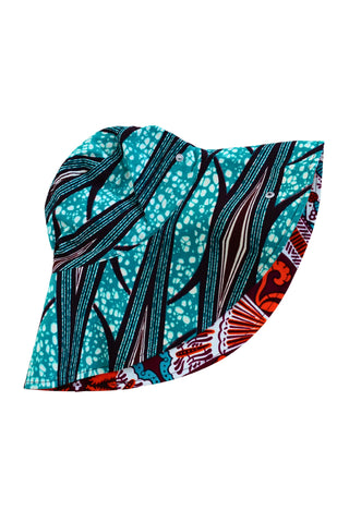 Hagos Reversi Bucket Hat Wide Brim - Cyan Orange white Print - 47