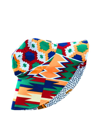 Hagos Reversi Bucket Hat Wide Brim - White Red Yellow Blue Kente Print - 42