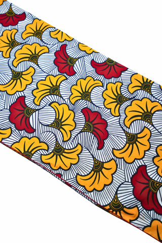 Tongo Headwrap - White Red and Yellow Rolls Royce African Ankara Wax Cotton Print
