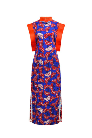 Alexis Cheongsam Dress - Blue Red White Rolls Royce Print