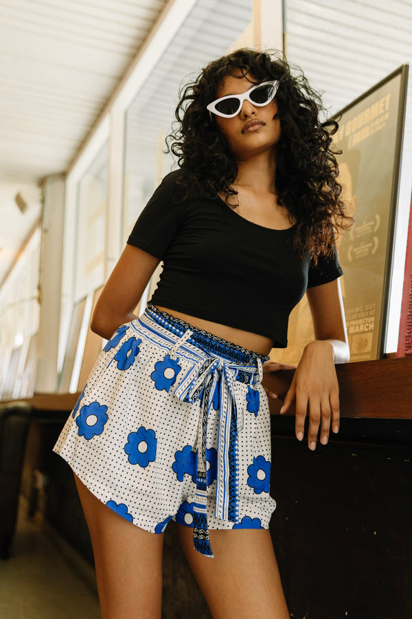 Ifeka Shorts - Blue and white Khanga Print