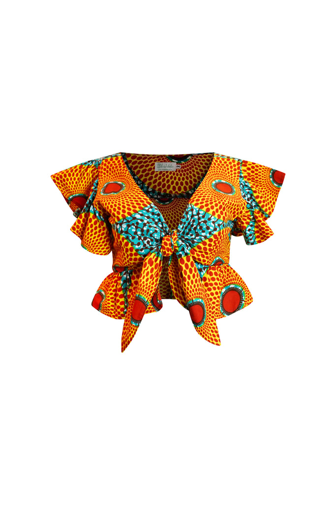 Imani Front Tie Crop Top - Orange and Cyan Water Well African Ankara Wax Cotton Print