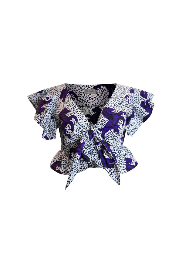 Imani Front Tie Crop Top -  White and Purple Jumping Horses African Ankara Wax Cotton Print