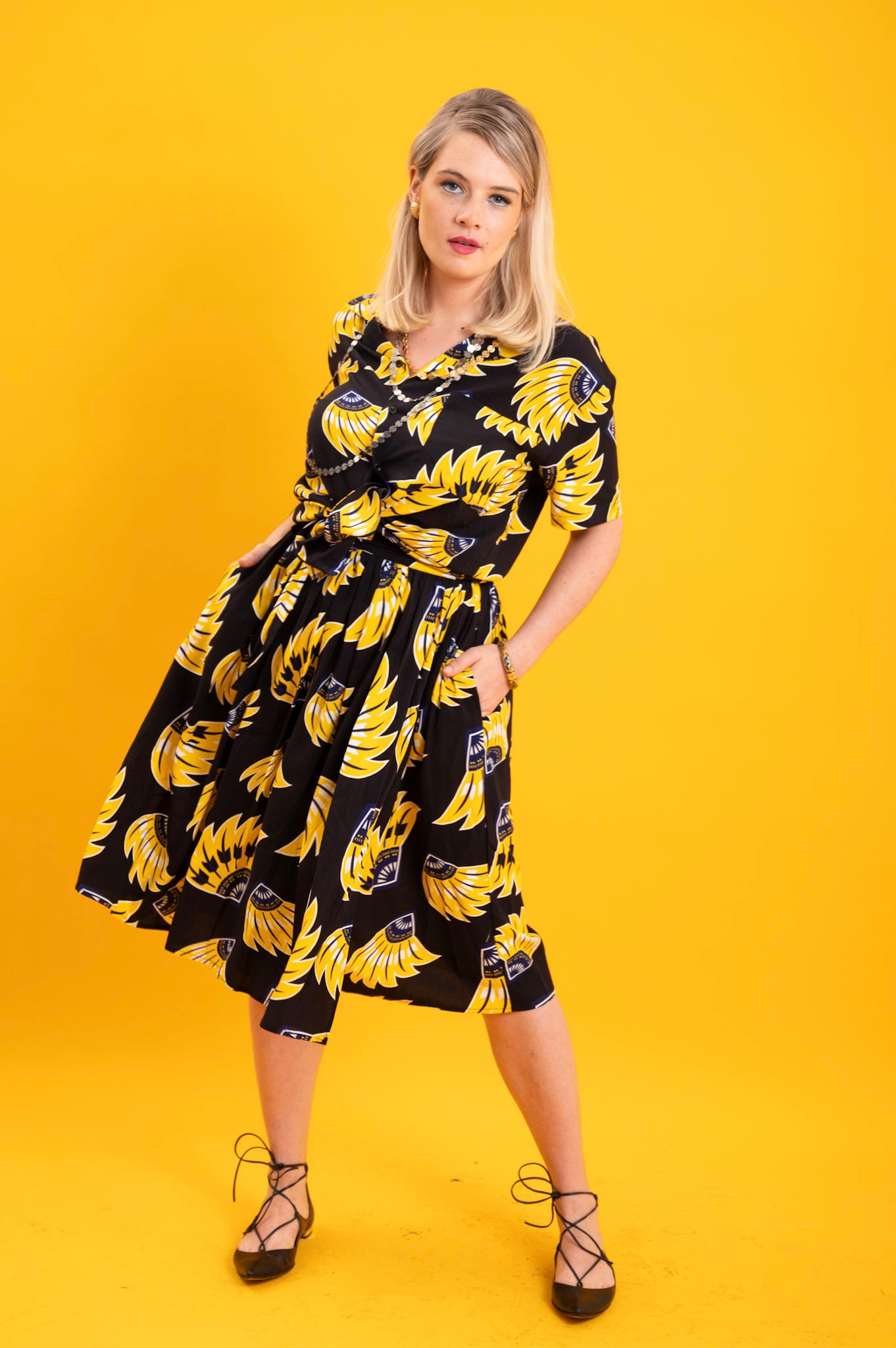 Imani Wrap Skirt - Black and Yellow Plantain (banana) Print