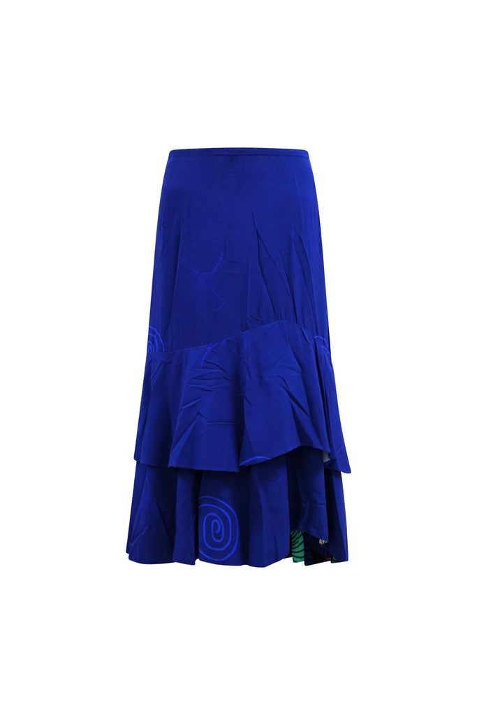 Ime Ruffled Asymmetric Midi Skirt - Solid Blue with Ewa Naibu Print
