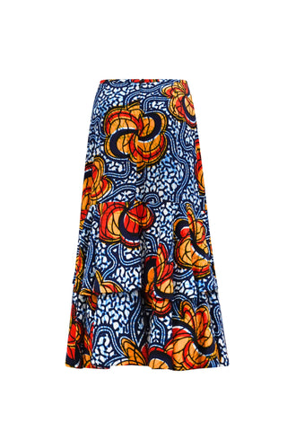 Ime Ruffled Asymmetric Midi Skirt - Blue Yellow &Orange Odo Ayo Print