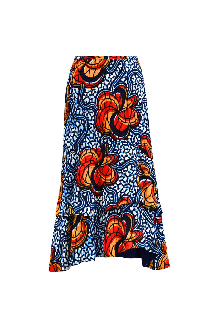 Ime Ruffled Asymmetric Midi Skirt - Blue Yellow &Orange Odo Ayo Print