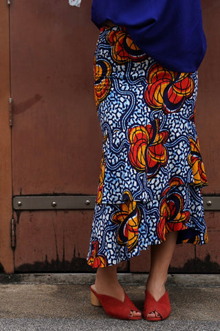 Ime Ruffled Asymmetric Midi Skirt - Blue Yellow &Orange Odo Ayo Print