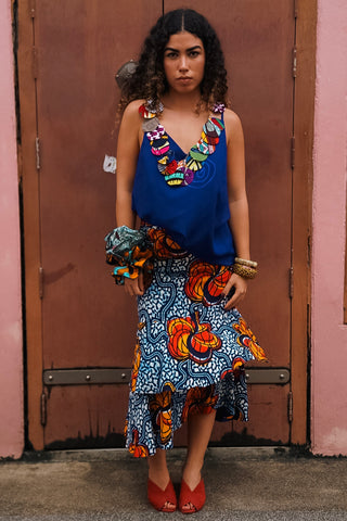 Ime Ruffled Asymmetric Midi Skirt - Blue Yellow &Orange Odo Ayo Print