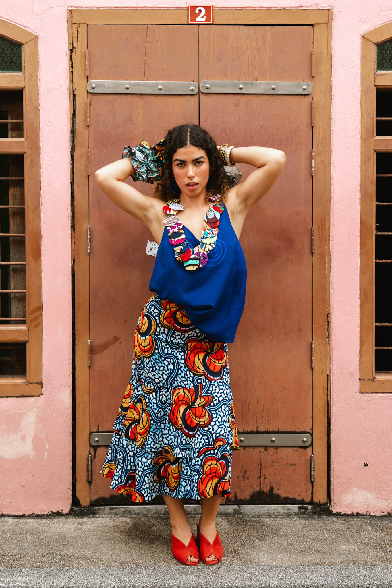 Ime Ruffled Asymmetric Midi Skirt - Blue Yellow &Orange Odo Ayo Print