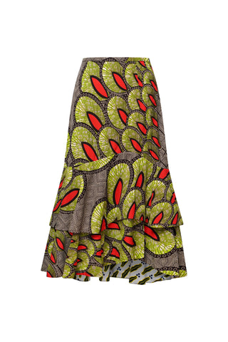 Ime Ruffled Asymmetric Midi Skirt - Green and Red Peacock African Ankara Wax Cotton Print