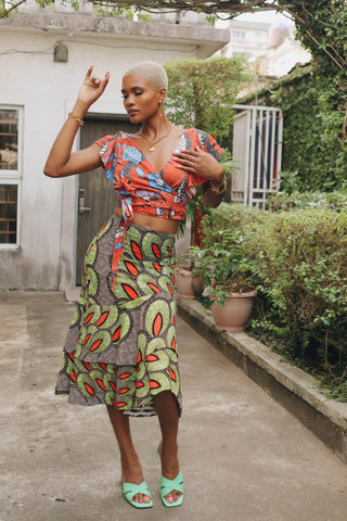 Ime Ruffled Asymmetric Midi Skirt - Green and Red Peacock African Ankara Wax Cotton Print