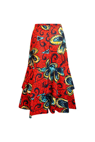 Ime Ruffled Asymmetric Midi Skirt - Red Floral Rubies African Ankara Wax Cotton Print