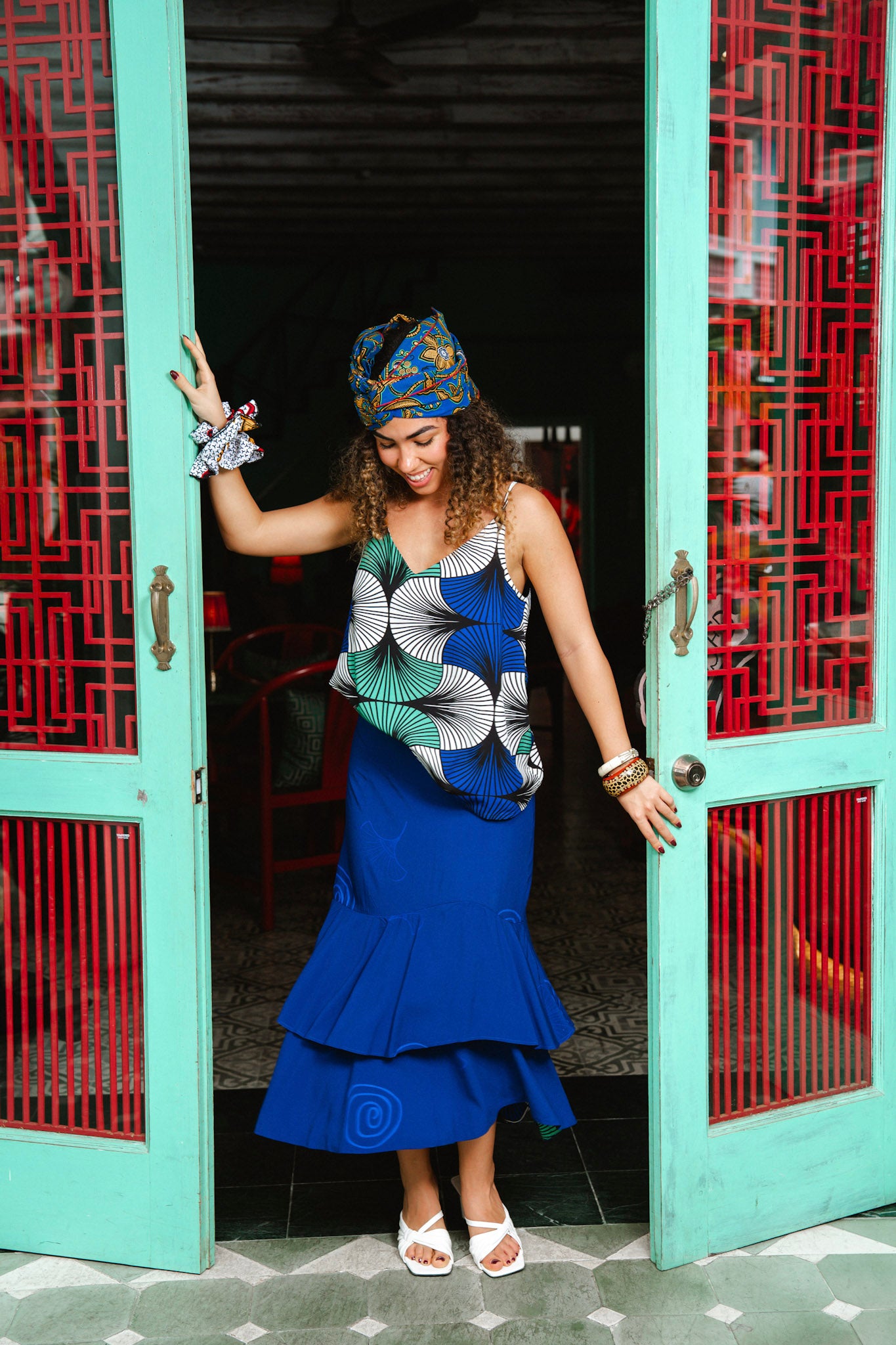 Ime Ruffled Asymmetric Midi Skirt - Solid Blue with Ewa Naibu Print