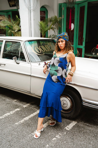 Ime Ruffled Asymmetric Midi Skirt - Solid Blue with Ewa Naibu Print