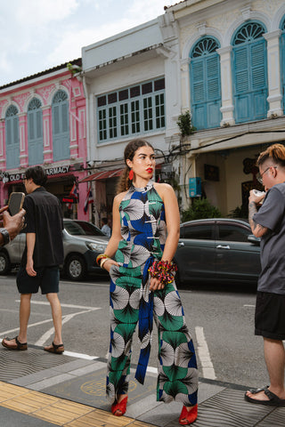 Kaela Cheongsam Top - White Blue & Green Ewa Naibu Print