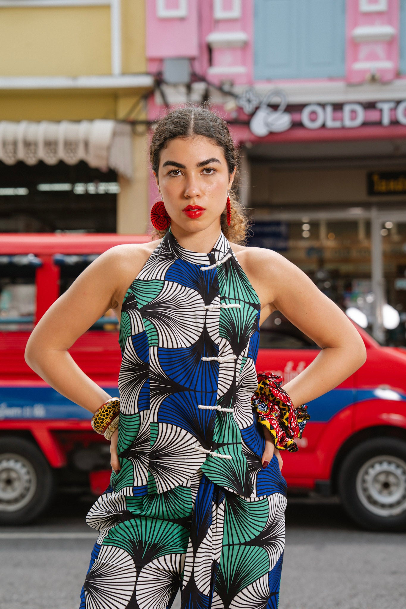 Kaela Cheongsam Top - White Blue & Green Ewa Naibu Print