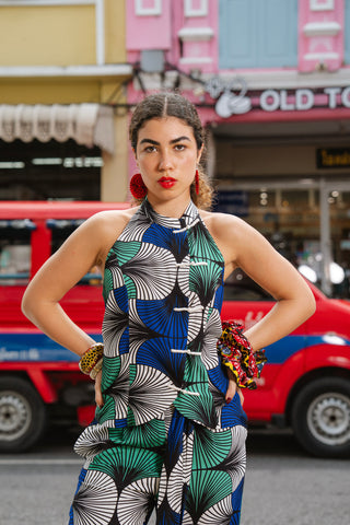 Kaela Cheongsam Top - White Blue & Green Ewa Naibu Print