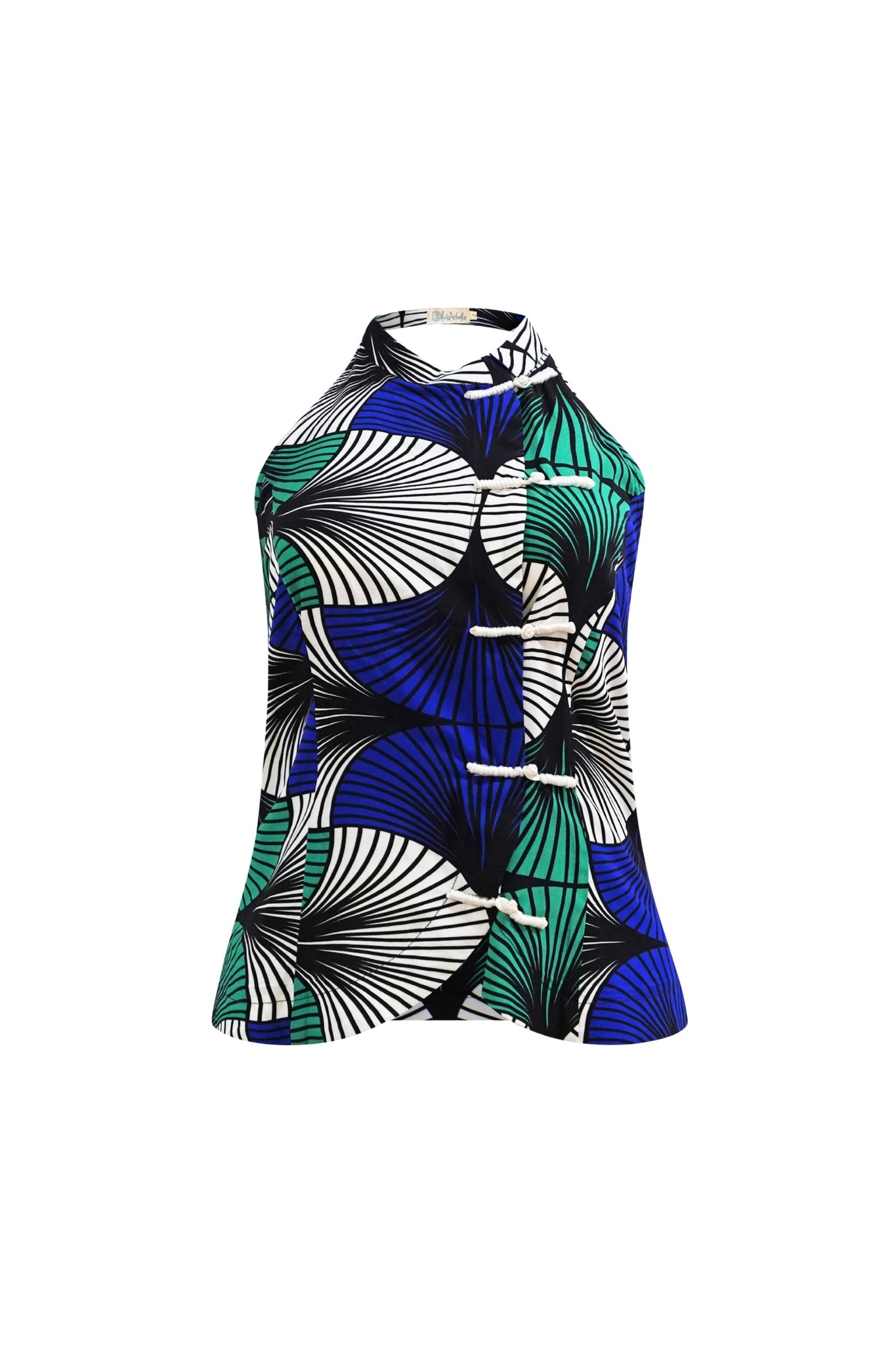 Kaela Cheongsam Top - White Blue & Green Ewa Naibu Print