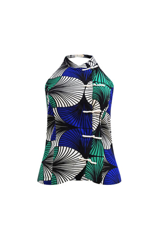 Kaela Cheongsam Top - White Blue & Green Ewa Naibu Print