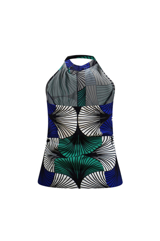 Kaela Cheongsam Top - White Blue & Green Ewa Naibu Print
