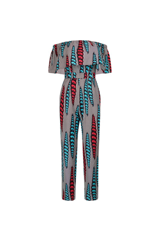 Kany Jumpsuit - Grey Blue and Pink African Ankara Wax Cotton Print