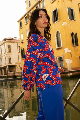 Lulu Shirt Top with Ruffle Neck and Long Sleeves - Blue Red Rolls Royce Print | ILC OA OG